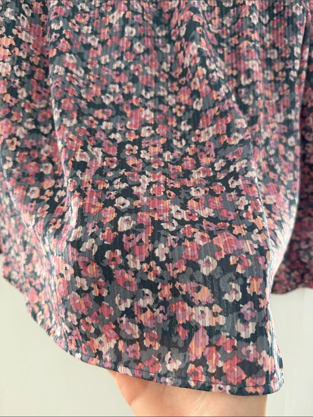 LOFT Navy and Pink Floral Pleated Long-Sleeve Blouse